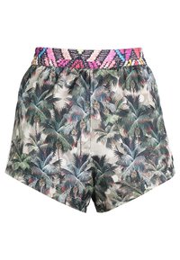 Shorts mit einem bunten Palmenblatt-Muster, ausgestattet mit einem elastischen Bund mit einem mehrfarbigen Gewebedesign, aus leichtem Stoff gefertigt.