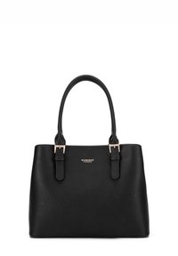 Borsa a tracolla in pelle nera con superficie testurizzata, hardware dorato, due manici superiori e dettaglio logo sul frontale. Forma rettangolare.