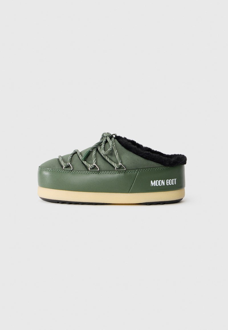 Green, textured boot with a soft, black inner lining, lace-up detailing, and white "MOON BOOT" branding on the side, featuring a tan sole.