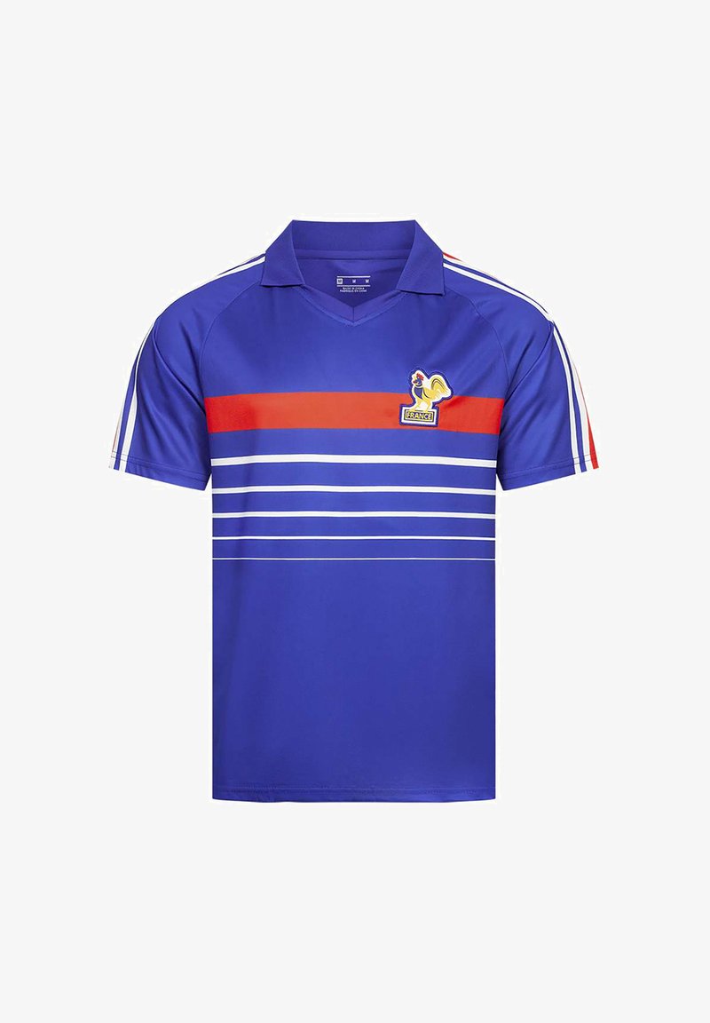 Blue short-sleeve sports jersey with red and white horizontal stripes, a collar, and a yellow rooster emblem labeled "France" on the chest.