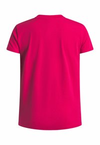 Camiseta de manga corta en algodón rosa brillante. Diseño clásico de cuello redondo con una textura suave y un dobladillo recto en la cintura.
