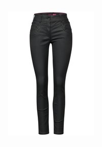 Svarta slim fit-jeans med en mjuk textur, hög midja, framfickor och dekorativ sömnad längs sömmarna. Knapplås.