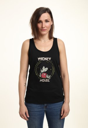 Zwarte katoenen tanktop met een kleurraf Mickey Mouse-graphic in het midden, met daaronder de tekst "MICKEY MOUSE".