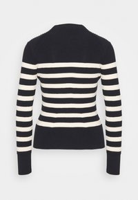 Navy- und cremefarbener gestreifter Pullover mit langen Ärmeln, gerippter Textur, Rundhalsausschnitt und taillierter Passform. Verfügt über horizontale Streifen auf der Rückseite.
