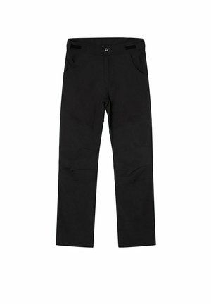 Sorte udendørs bukser med lige ben, forlommer, justerbare taljeflapper og forstærkede knæområder.