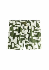 Green and white swim shorts featuring a bold abstract pattern, made of textured fabric with an elastic waistband and drawstring closure.
