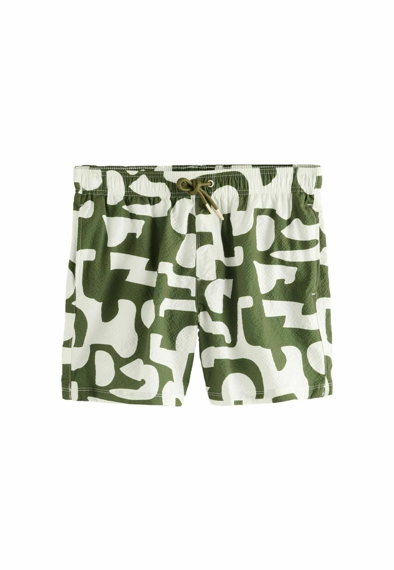 Grüne und weiße Badeshorts mit einem auffälligen abstrakten Muster, aus strukturierter Stoff gefertigt, mit einem elastischen Bund und Kordelzug.