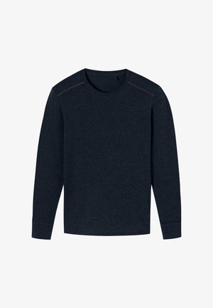 Dlouhý rukáv tmavě námorní triko z jersey s kulatým výstřihem, s jemnými akcenty švů na ramenech a žebrovanými manžetami. Měkká textura, volný střih.