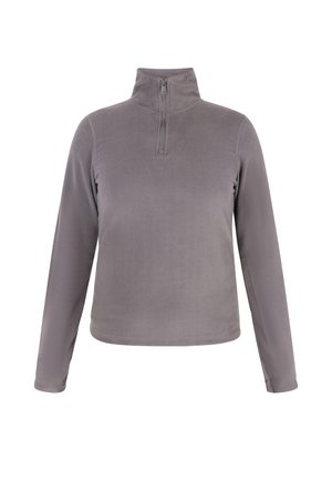 Grijze fleece pullover met een halve-rits hals, lange mouwen en een gladde textuur, met een eenvoudig en minimalistisch ontwerp.