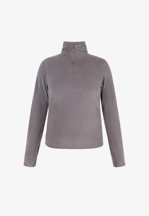 Grå fleecepullover med halv-lynlås, lange ærmer og en glat tekstur, der har et enkelt og minimalistisk design.