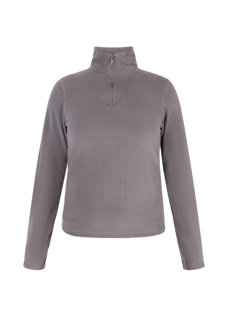Grijze fleece pullover met een halve-rits hals, lange mouwen en een gladde textuur, met een eenvoudig en minimalistisch ontwerp.