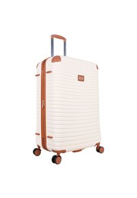 Hard-shell suitcase with a textured cream exterior, brown accents, and a telescopic handle. Includes four black wheels for mobility.
