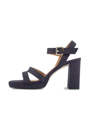 Navy blue high-heeled sandal with block heel, two front straps, ankle strap with silver buckle, and cushioned footbed.