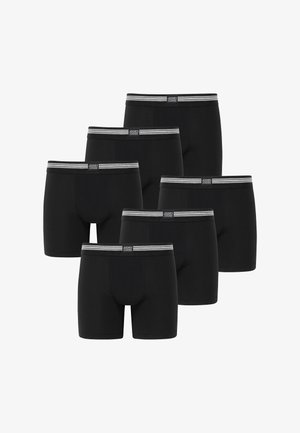 Boxer da uomo in cotone nero con cintura elastica a righe grigie, presentati in un pacco da sei. Tessuto morbido e design aderente.