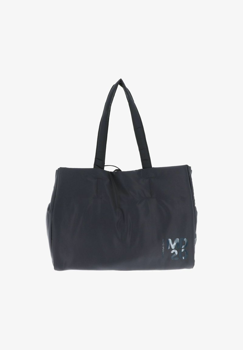 Sac fourre-tout noir en nylon avec deux poignées, une texture douce et un logo brillant sur le devant. Présente une forme rectangulaire spacieuse.