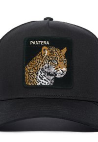 Black cap featuring a rectangular embroidered patch with a detailed tiger portrait and the text "PANTERA" above the image.