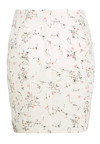 Vit mini kjol med små blommönster i rosa, lila och grönt, med dragkedja fram.