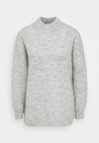 Šedý pletený svetr s vysokým límcem, dlouhými rukávy a volným střihem. Texturovaná tkanina má jemný vzor. Spodní lem je zaoblený.