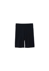 Pantaloni sportivi neri con una comoda vita elastica e lunghezza fino a metà coscia. Il tessuto sembra morbido con una finitura leggermente texture.