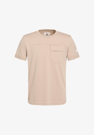 Svetlo bež majica s kratkimi rokavi, izdelana iz mehkega materiala, z žepom na prsih, okroglim izrezom in minimalnimi šivi.