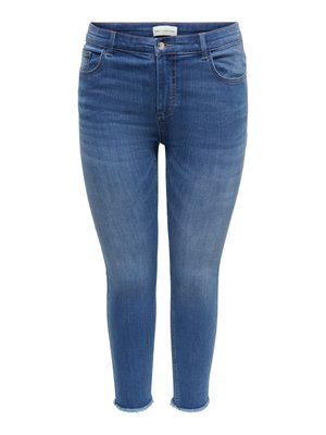 Jean bleu slim pour femme avec taille mi-haute, bouton et fermeture éclair devant, cinq poches et ourlet brut à la longueur de la cheville.