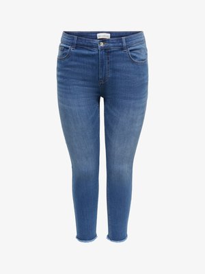 Blå slim-fit damejeans med mellemhøj talje, forreste knap og lynlås, fem lommer og rå kant ved ankellængde.