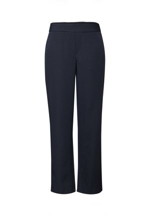 Black, stretchy, mid-rise pants with an elastic waistband; features a straight-leg cut and smooth fabric texture.
