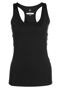 Černé sportovní tílko vyrobené z prodyšné látky odvádějící vlhkost. Má design s průstřihem na zádech a minimalistické logo na hrudi. Velikost: S.