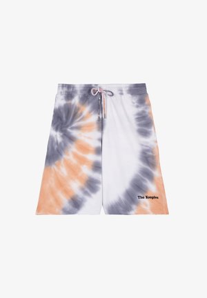 Shorts tie-dye con un motivo a spirale in tonalità grigie, bianche e arancioni, vita elastica con cordino e logo ricamato sull'orlo.