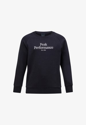 Marineblå sweatshirt med ribbet rund hals, lange ærmer og hvid tekst "Peak Performance Est. 1986" på brystet. Blødt materiale.