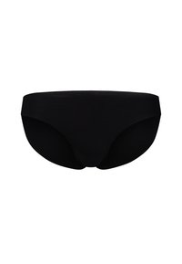 Sous-vêtement noir sans coutures style bikini taille basse avec tissu lisse et couverture arrière modérée sur fond blanc.