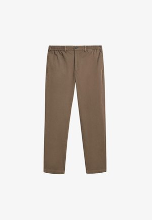 Bruine cotton chinos met een rechte pijp, elastische tailleband en voorzakken. Glad textuur en minimale stikseldetails.