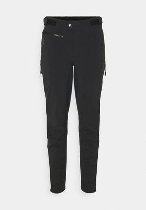 Schwarze Outdoor-Hosen aus dehnbarem Material, mit Reißverschlusstaschen, schmaler Passform und glatter Textur sowie verstärkten Kniepartien.
