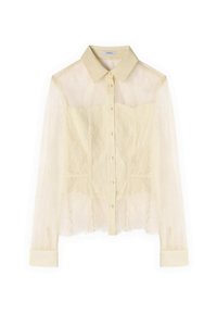 Blusa in pizzo giallo chiaro con colletto classico, chiusura con bottoni sul davanti e maniche lunghe con polsini solidi. Dettagli con un intricato motivo in pizzo.