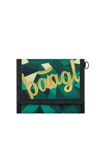 Green geometric-patterned wallet featuring a gold logo, fabric material, and a black trim, with a loop for attachment.