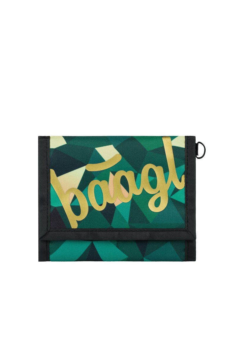 Green geometric-patterned wallet featuring a gold logo, fabric material, and a black trim, with a loop for attachment.