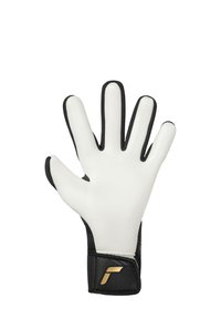 Torwarthandschuh mit weißen Latexfingern, schwarzen Textilseiten und einem schwarzen Handgelenkband mit goldenem Logo. Glatte Textur und passgenaues Design.