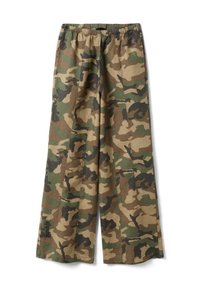 Loose-fit camouflage pants with elastic waistband and visible seam details, featuring green, brown, and beige tones.