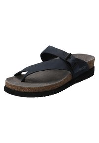 Sandale en tongs bleu marine avec des brides en cuir, semelle en liège et semelle en caoutchouc ; dotée d'un entre-doigt et d'une boucle ajustable.