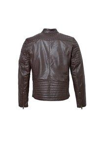 Braune Lederjacke mit einem gesteppten Muster an den Schultern und am Rücken, ausgestattet mit Reißverschlussärmeln und einem Stehkragen.