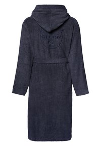 Navyblaues Frottee-Bademantel mit Kapuze, langen Ärmeln, Bindegurt und gesticktem Logo auf dem Rücken. Weiche Textur und knöchellanges Design.