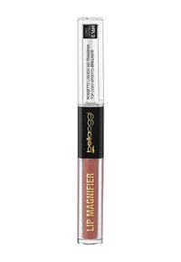 Lip Magnifier di Bellaoggi in un tubetto trasparente con un tappo nero. Contiene una formula liquida di un rosa tenue. Testo sul tubetto in lettere dorate in grassetto.