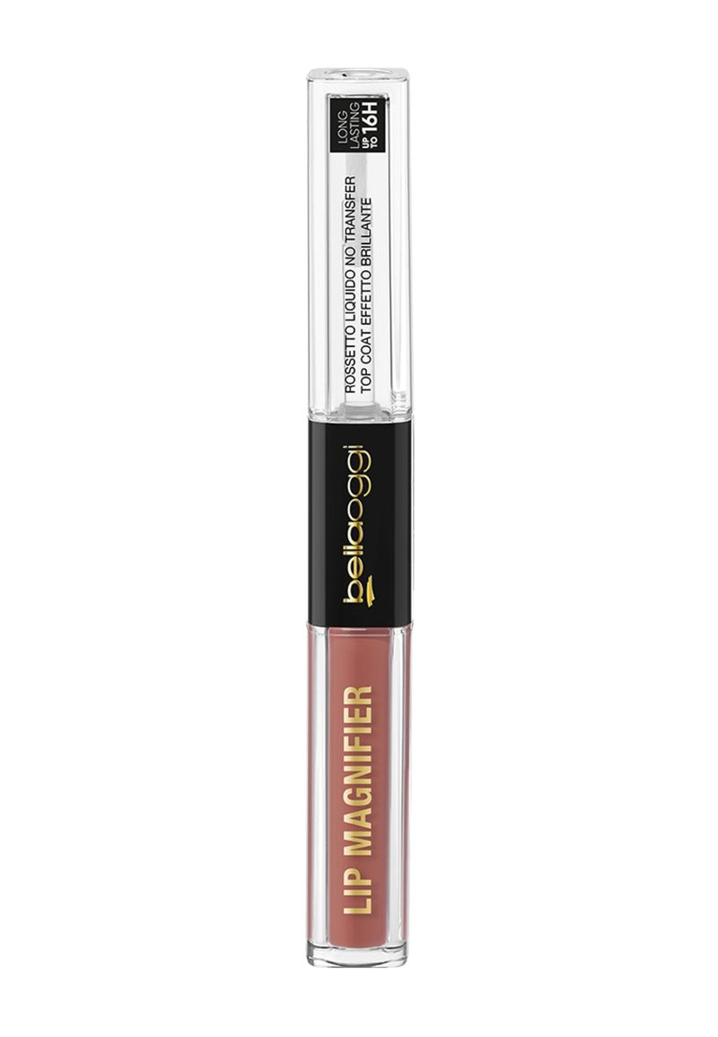 Lip Magnifier di Bellaoggi in un tubetto trasparente con un tappo nero. Contiene una formula liquida di un rosa tenue. Testo sul tubetto in lettere dorate in grassetto.
