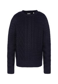 Marineblauer Strickpullover mit Rundhalsausschnitt, ausgestattet mit strukturierten Zopfmuster und gerippten Bündchen sowie Saum. Hergestellt aus einem weichen Material.