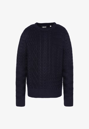 Pull en maille bleu marine avec un col rond, présentant des motifs en relief de torsades et des poignets et un ourlet côtelés. Fabriqué à partir d'un matériau doux.