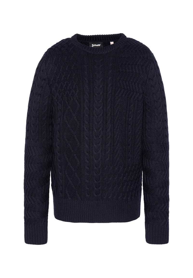 Marineblauer Strickpullover mit Rundhalsausschnitt, ausgestattet mit strukturierten Zopfmuster und gerippten Bündchen sowie Saum. Hergestellt aus einem weichen Material.