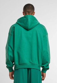 Hanorac verde cu glugă, având o croială lejeră, mansete și tiv cu nervuri și o textură moale. Vedere din spate care arată o suprafață netedă, fără modele.