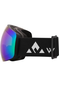 Hiihtolasit, joissa on kaareva, peililasit, sinisen ja vihreän sävyissä. Pehmeä musta kehys ja hihna, joissa on valkoisia vuorikuvioita.