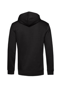 Felpa nera con cappuccio regolabile a coulisse, texture morbida, maniche lunghe e polsini e orlo a costine. La vista posteriore mette in evidenza un design elegante.