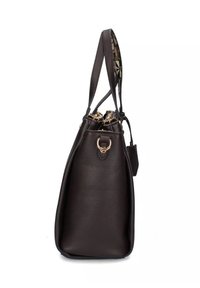 Borsa a mano in pelle marrone con una forma strutturata, due manici, una chiusura superiore e dettagli in hardware dorato. Interno con fodera a motivo.